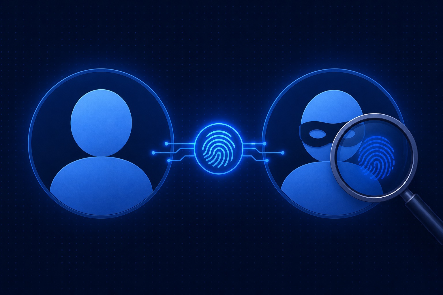 Two user avatars linked by a glowing fingerprint, one wearing a mask under a magnifying glass