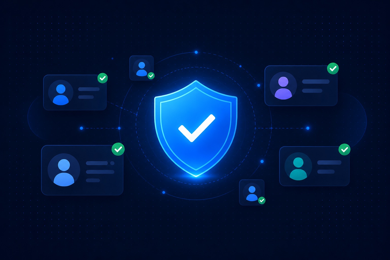 A glowing shield with a checkmark surrounded by verified user cards