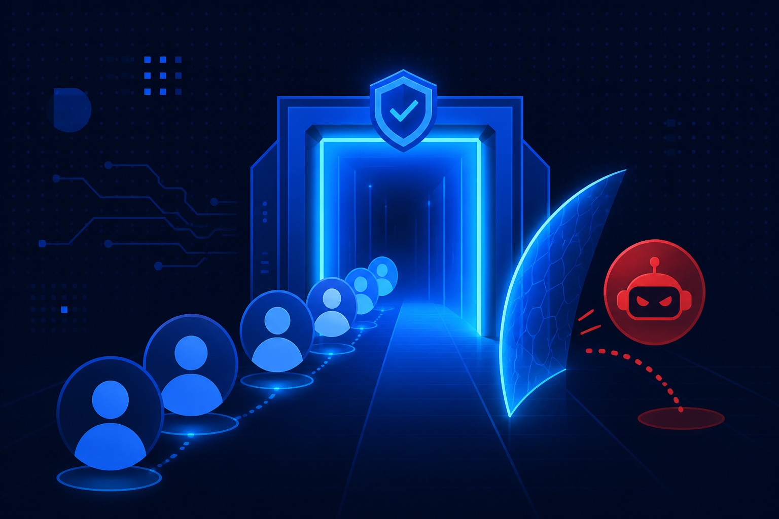 Users queueing at a glowing gate while a hostile bot is deflected by a barrier